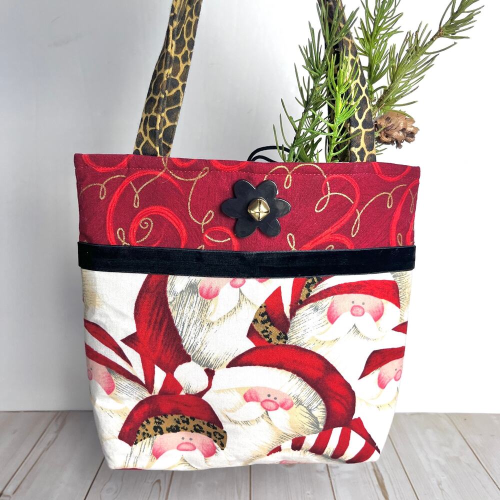 Handcrafted Santas in Hats Small Mini Handbag Leopard Animal Print Accent Handle